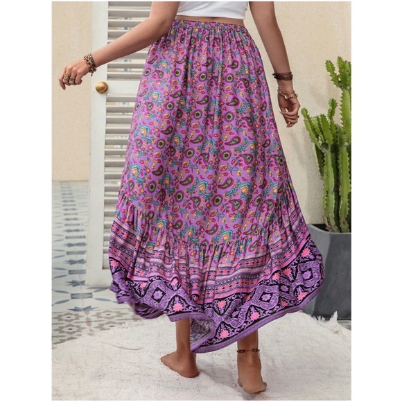 Boho Floral Paisley Print High Low Maxi Skirt - Picture 4 of 5